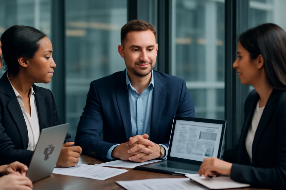 Business owner and intellectual property attorneys discussing patents and trademarks in a modern conference room.