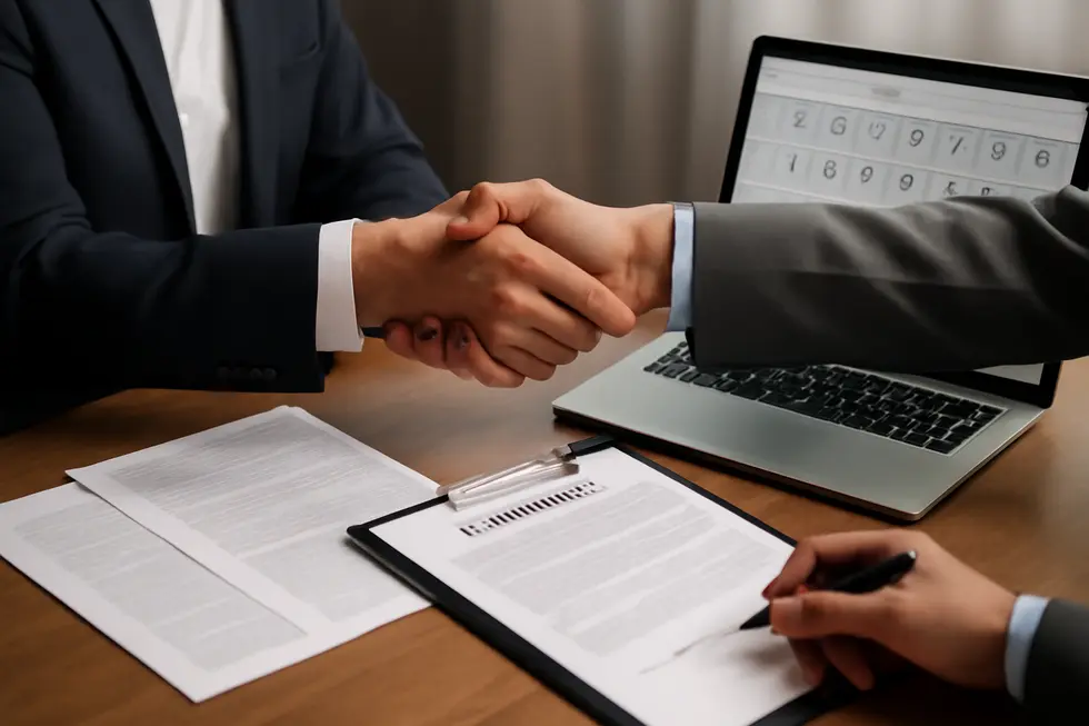Business owners finalizing the purchase of a brand name with thorough legal review.