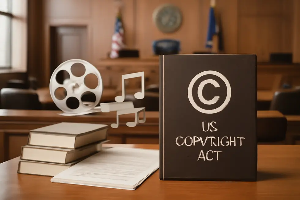 Visualizing the copyright protection of books, movies, and songs around a business professional.