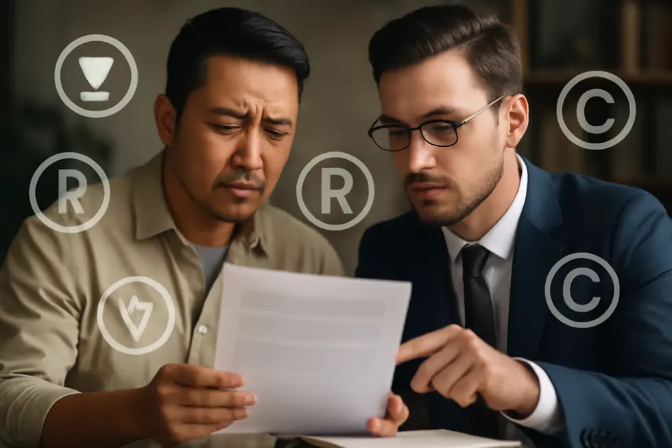 Business owner and lawyer reviewing legal protections for brand marks and trademarks.