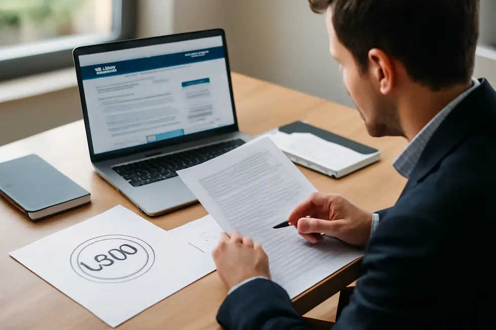 A business owner examines trademark legal documents highlighting the decision on trademarking a logo.