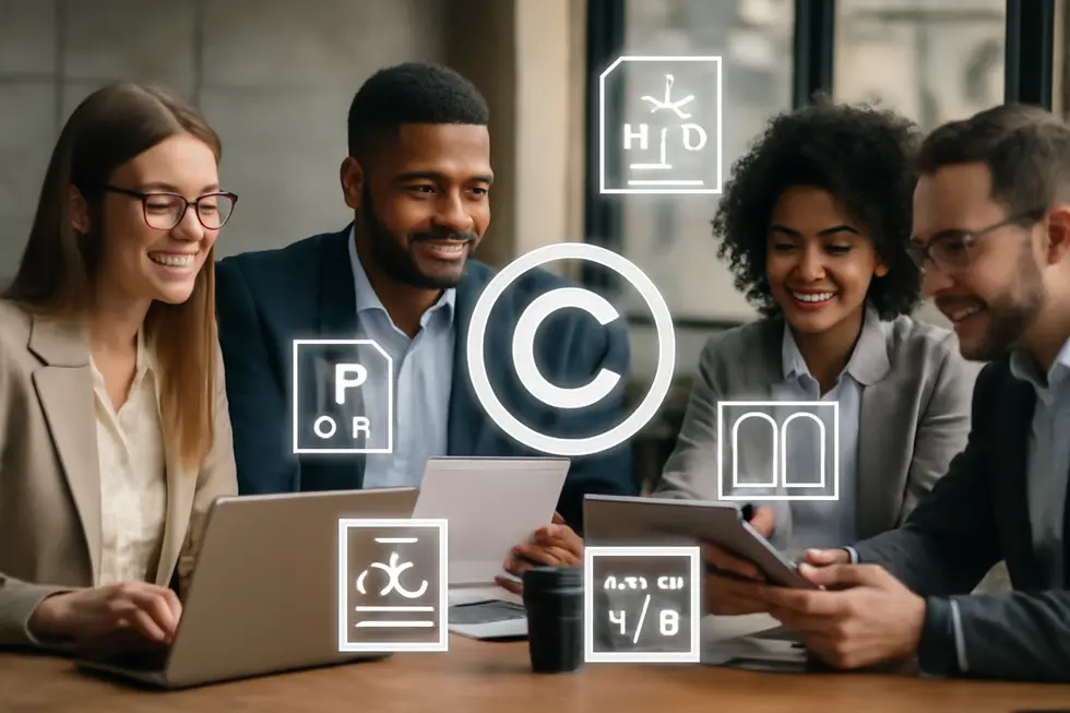 Visualizing copyright’s legal rights and scope protecting diverse creative works in a business setting.