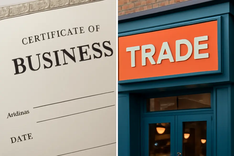 Visual contrast between formal business registration documents and a business’s public-facing trade name.