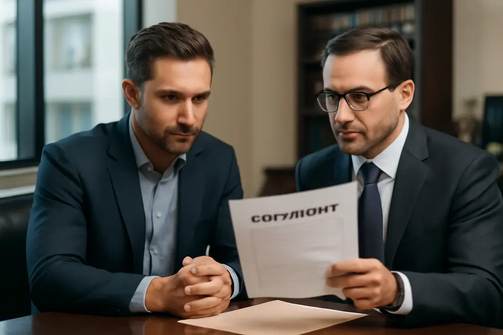 A business owner consulting with a legal expert to solidify copyright ownership and enforcement rights.