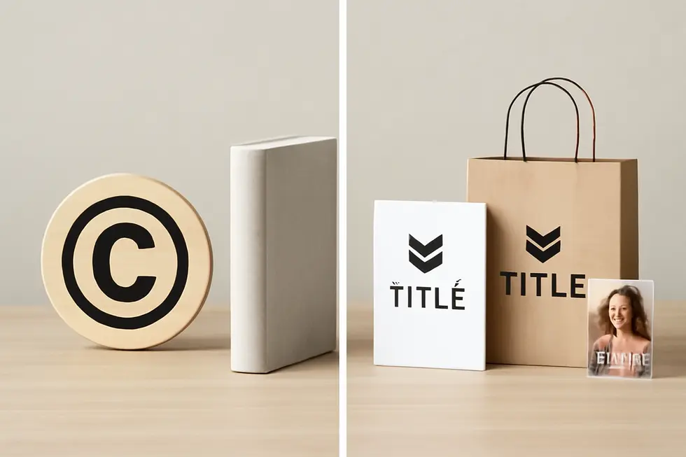 A business owner consults copyright law texts, highlighting that titles are excluded from copyright protection.