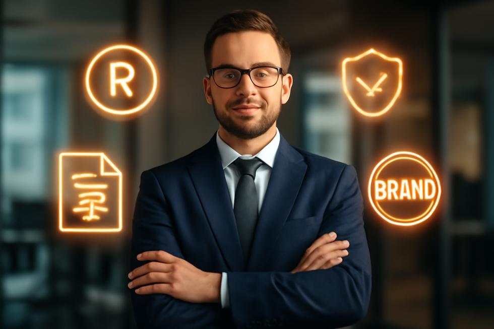 Business owner standing confidently in office with visual icons of trademark symbols and brand elements reinforcing legal protection.