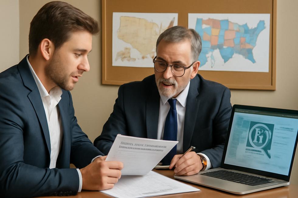 Business owner and legal consultant examining LLC naming documents and trademark information with U.S. state maps in background.