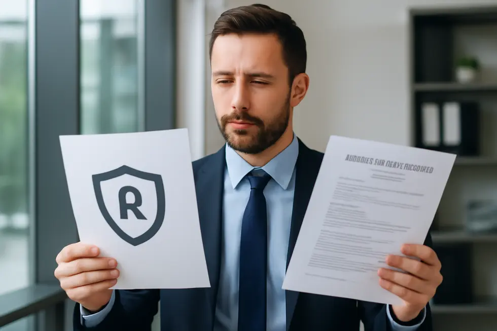 An LLC owner holding official trademark documents symbolizing legal ownership and protection.