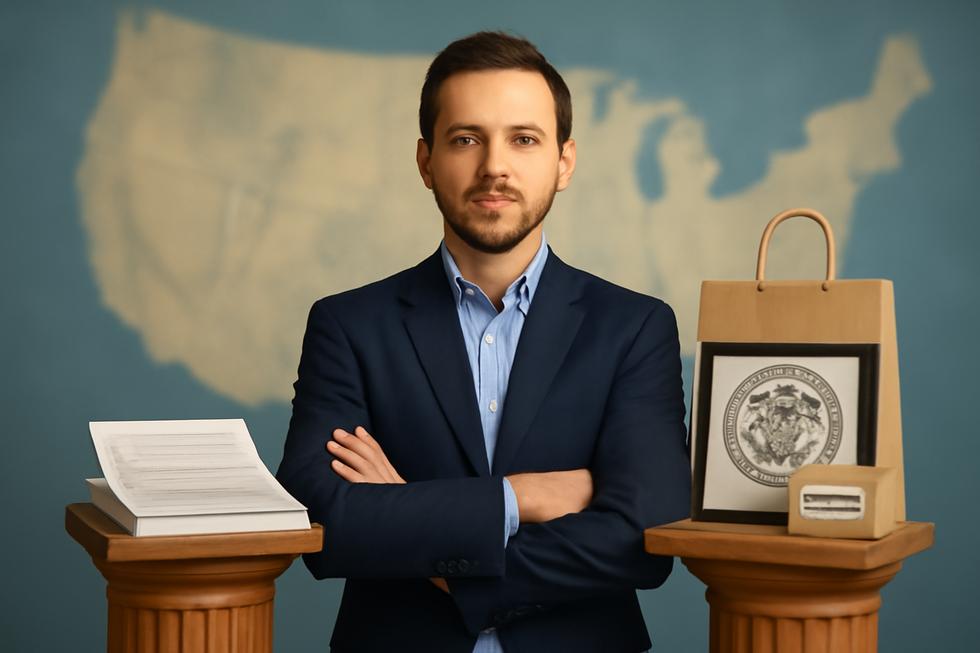 Photo-realistic image of a business owner positioned between two pillars labeled 'LLC' and 'Trademark' with a U.S. map backdrop symbolizing legal business protection.