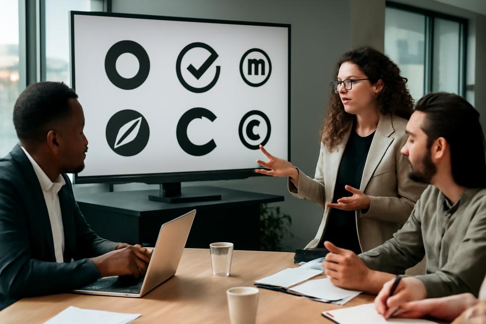 A group of diverse professionals discussing logos with trademark and copyright icons highlighting legal protection.