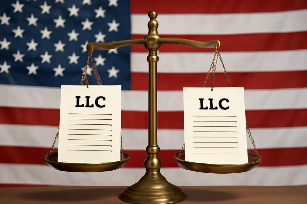 U.S. state map highlighting how LLC names are unique within each state but can be duplicated across states.