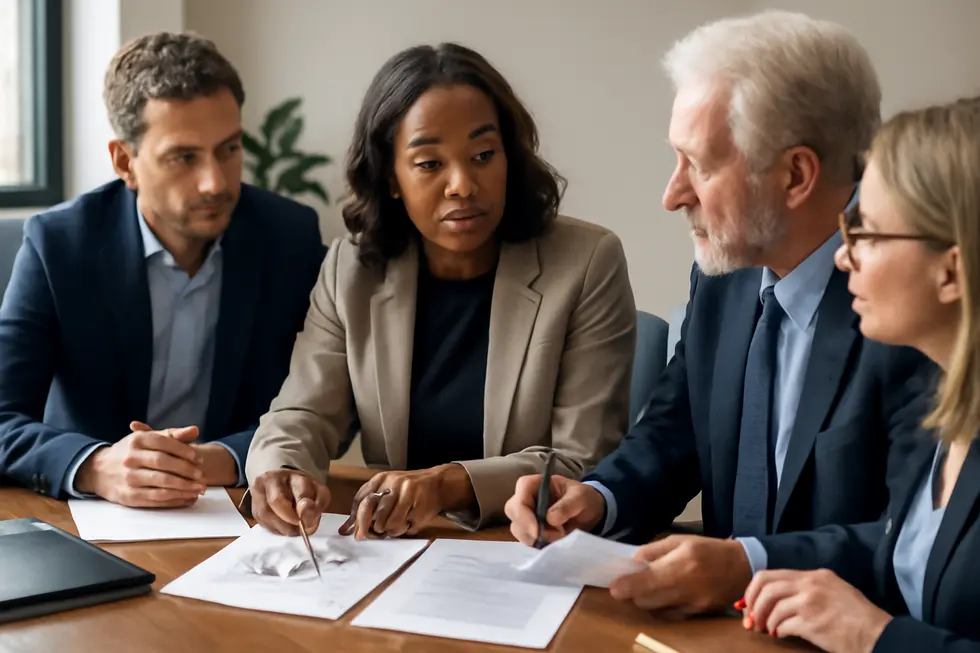 Business professionals collaborating in an office setting emphasizing the creation and protection of original works under copyright law.