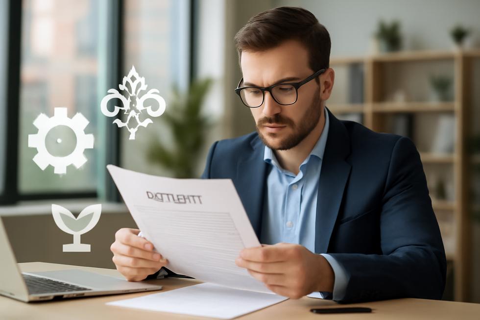 Photo-realistic image of a business owner analyzing patent documents with icons symbolizing three key patent types.