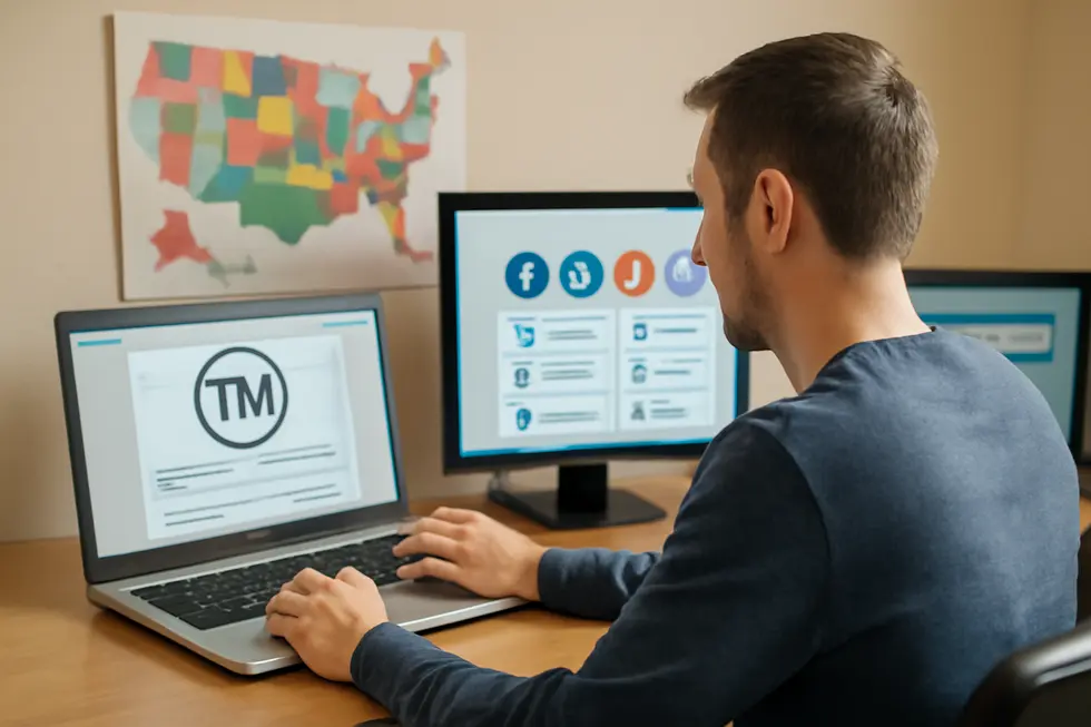 Business owner securing federal trademark protection for their brand name with USPTO application.