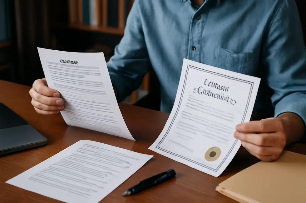Visual contrast between state registration paperwork and federal trademark certificates illustrating protection levels.