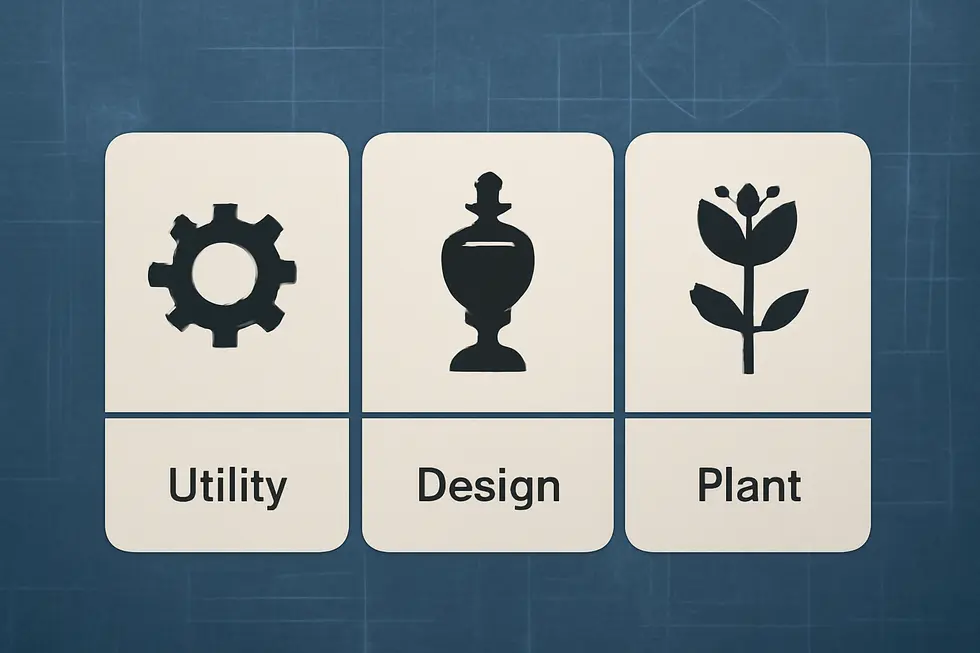 Overview illustration of Utility, Design, and Plant patents highlighting their differences and purposes.