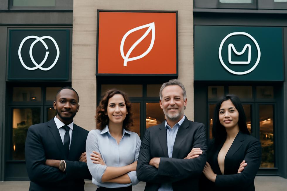 A group of diverse business owners standing before a store with visible trademarks, highlighting brand distinctiveness and protection.