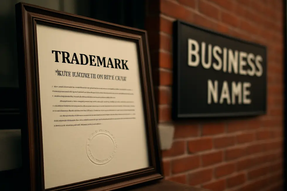 Visual contrasting of a brand name with public appeal and a legally registered business name.