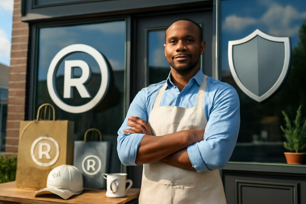 Confident business owner with brand logos and legal symbols illustrating trademark protection.