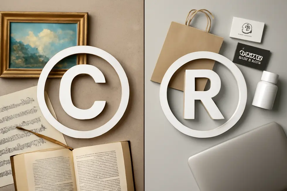 Visual comparison of copyright protecting creative works and trademarks safeguarding business names and logos.