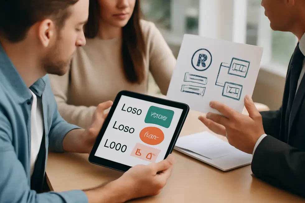 A business owner examines trademark legal documents highlighting the decision on trademarking a logo.
