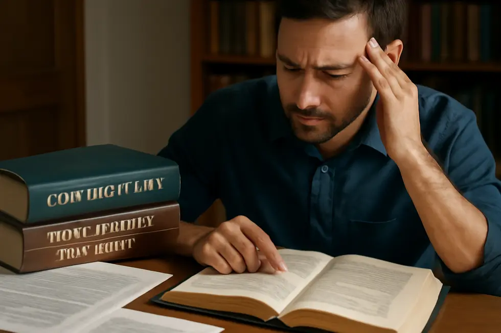 A business owner consults copyright law texts, highlighting that titles are excluded from copyright protection.