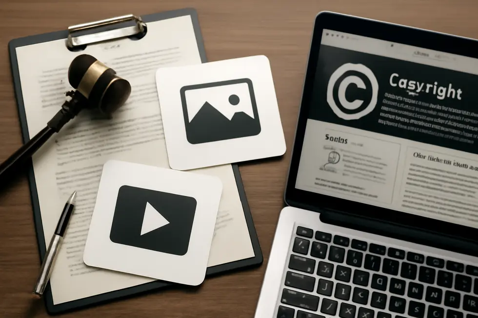 A website footer highlighting essential copyright text components such as the © symbol, year ranges, and business name.