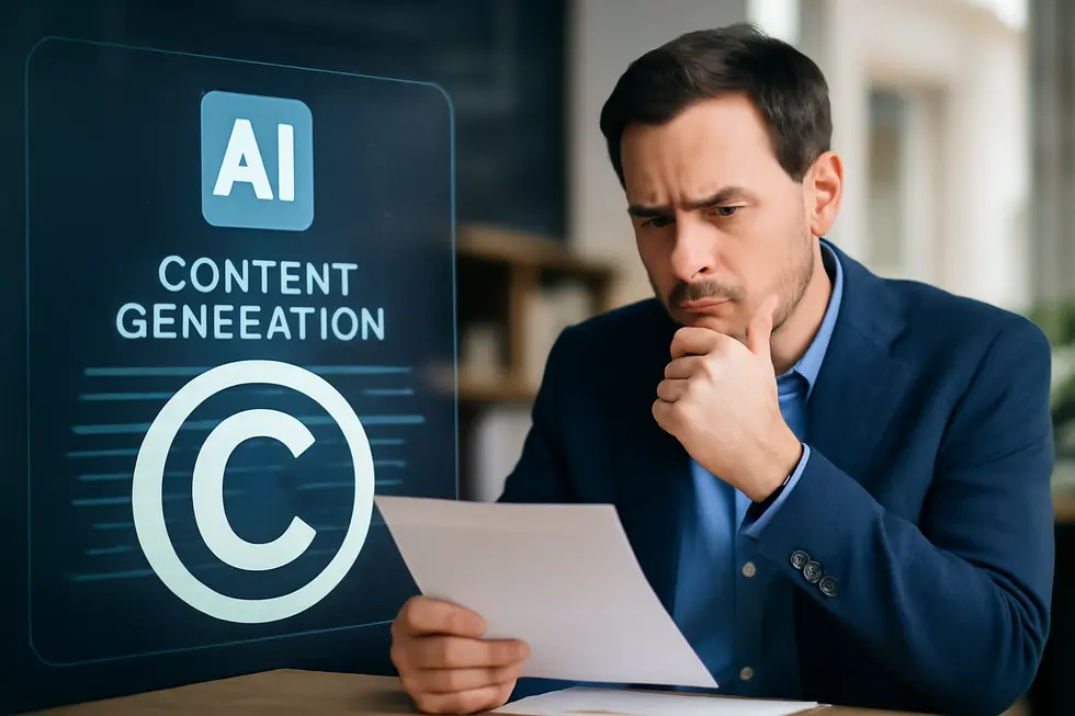 Business owner reviewing copyright notices and legal documents to protect creative assets.