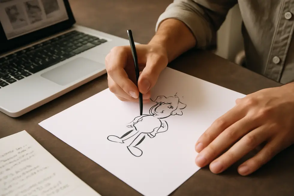 A creator capturing a character in tangible form, triggering automatic copyright protection.