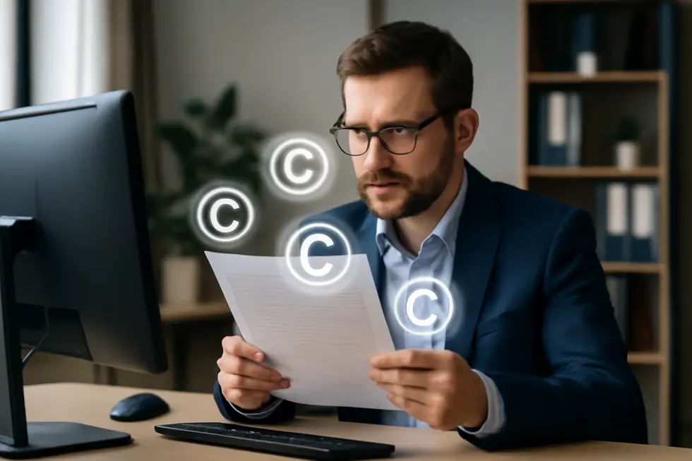 Business owner reviewing creative work with digital copyright symbols illustrating automatic protection.