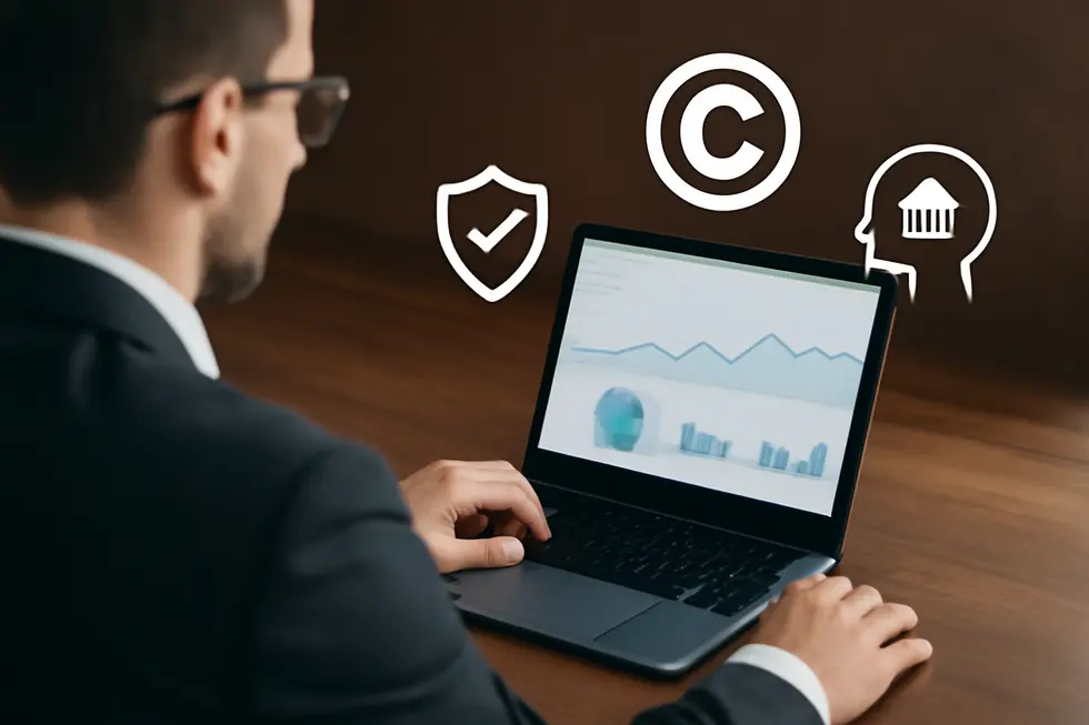 A business owner examining copyright legal documents with a website open displaying a copyright notice.