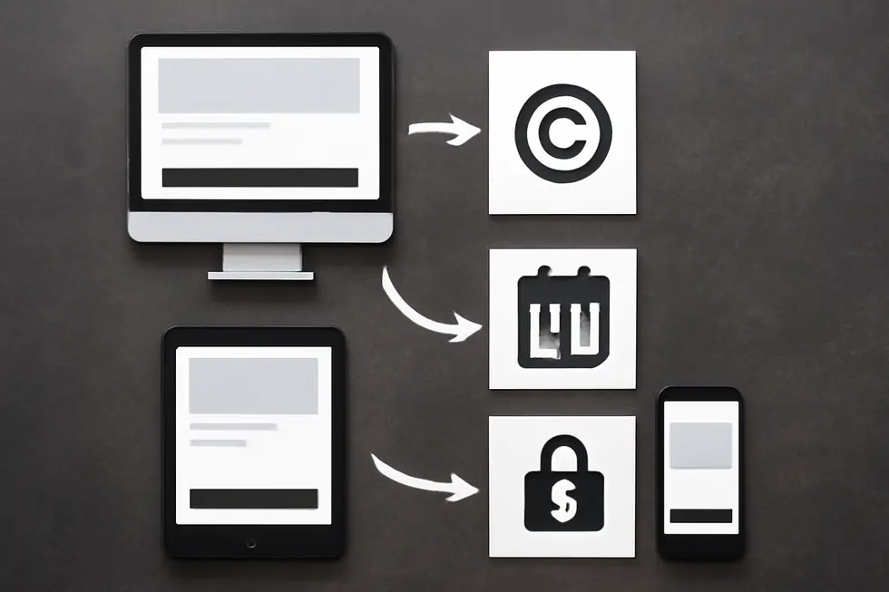 A website footer highlighting essential copyright text components such as the © symbol, year ranges, and business name.