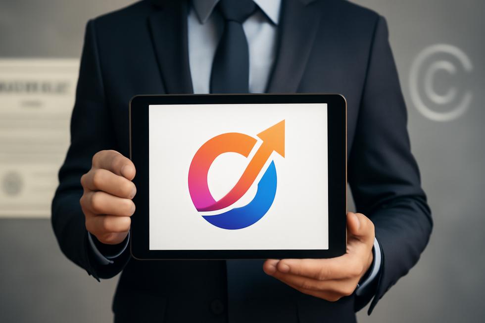 Business professional displaying a logo on tablet with trademark certificate and copyright symbol in background.