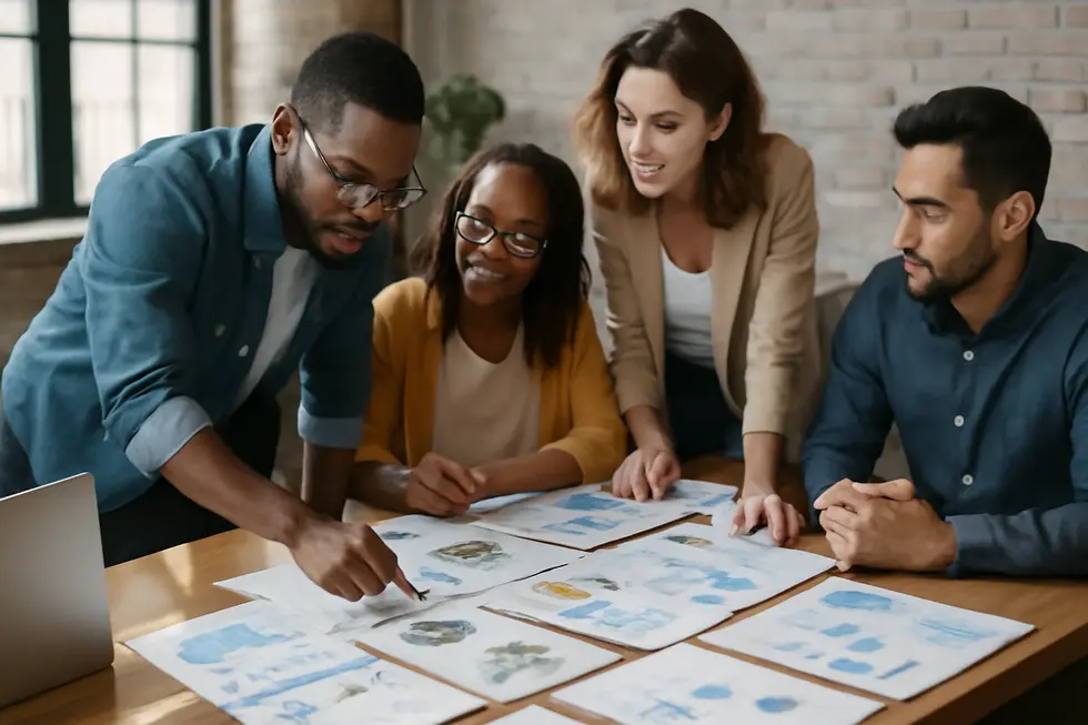 Business owners collaborating on audience, competitor research, and brand purpose to form a strong brand foundation.