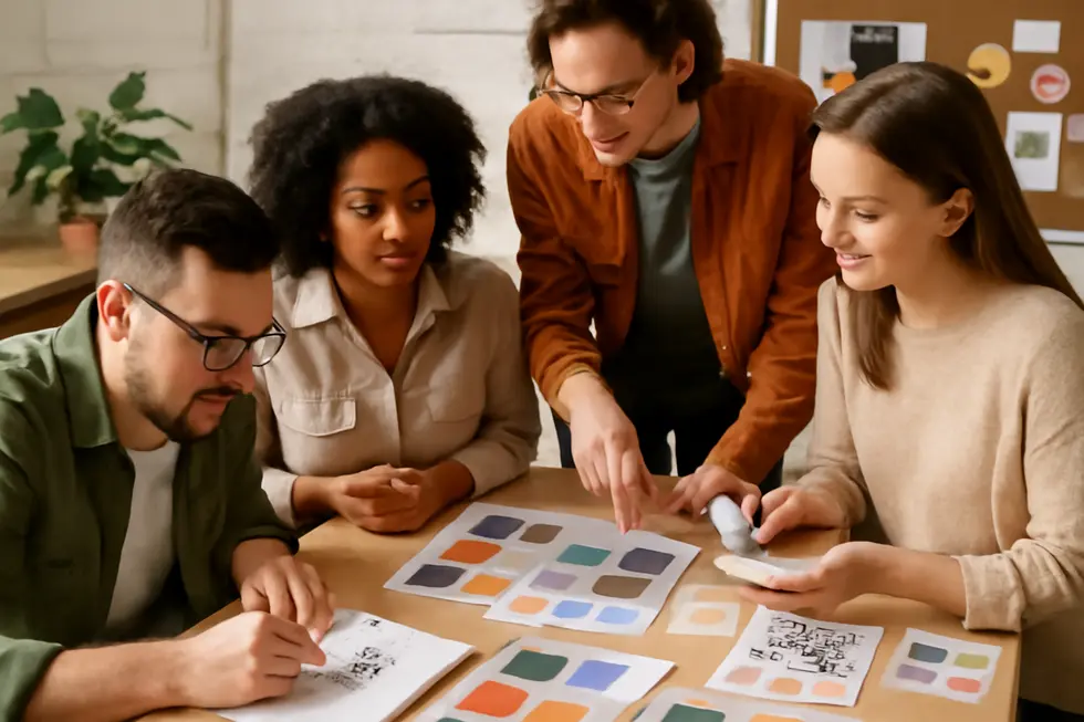 Business owners collaborating on audience, competitor research, and brand purpose to form a strong brand foundation.