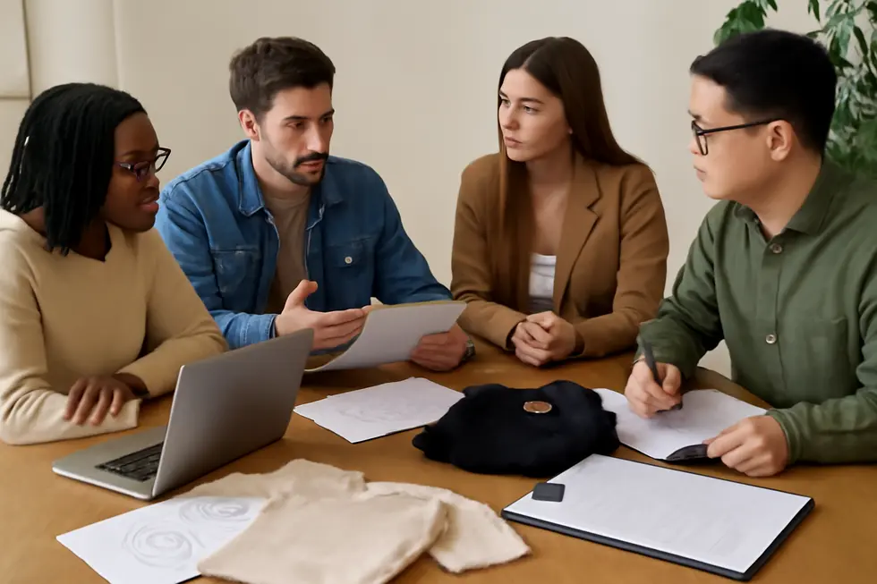 Business owner reviewing trademark documents to secure brand identity in the clothing industry.