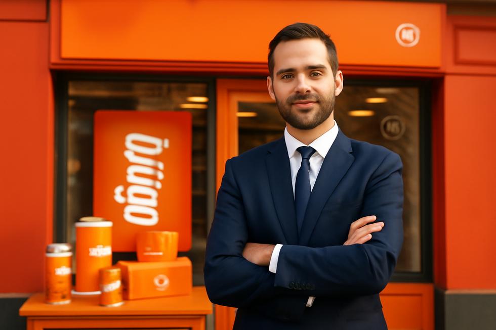 Photo-realistic image of a business owner in front of a branded storefront featuring a slogan and trademark symbols.