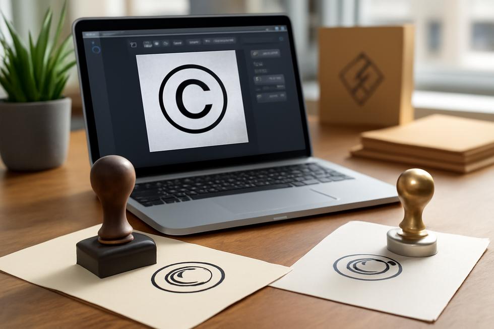 Workspace showing digital watermark software on a laptop and physical rubber and metal stamps with copyright impressions.