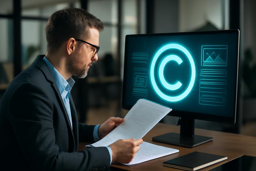 Business person in office looking at digital screen with copyright symbol and legal documents symbolizing copyright protection.