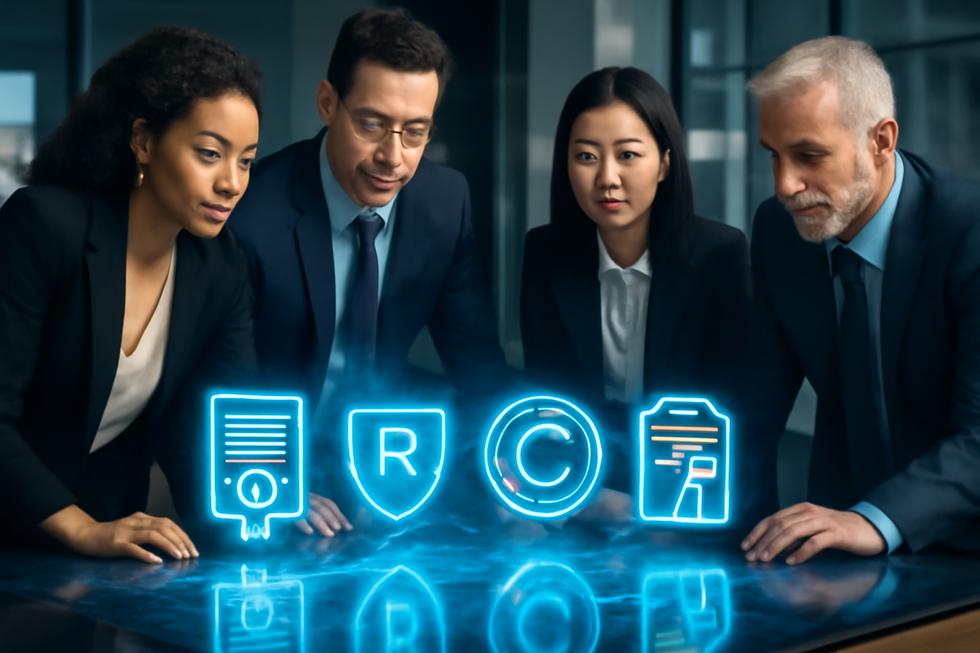A group of business people at a table viewing holographic projections of patents, trademarks, copyrights, and trade secrets symbols.