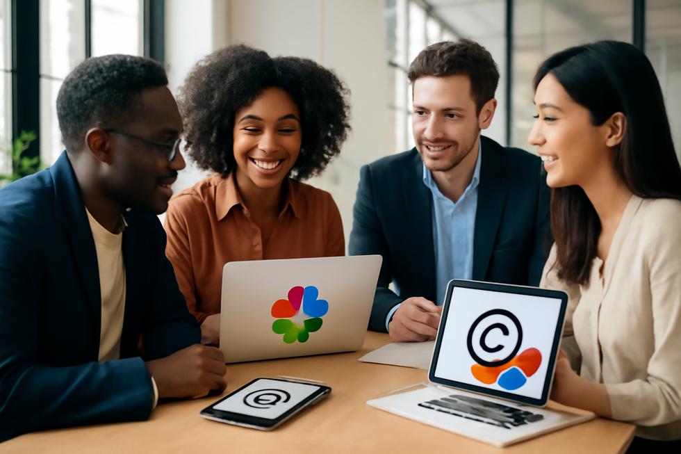 Modern office scene of a diverse team collaborating over screens showing trademarks and copyrights representing intellectual property in business.
