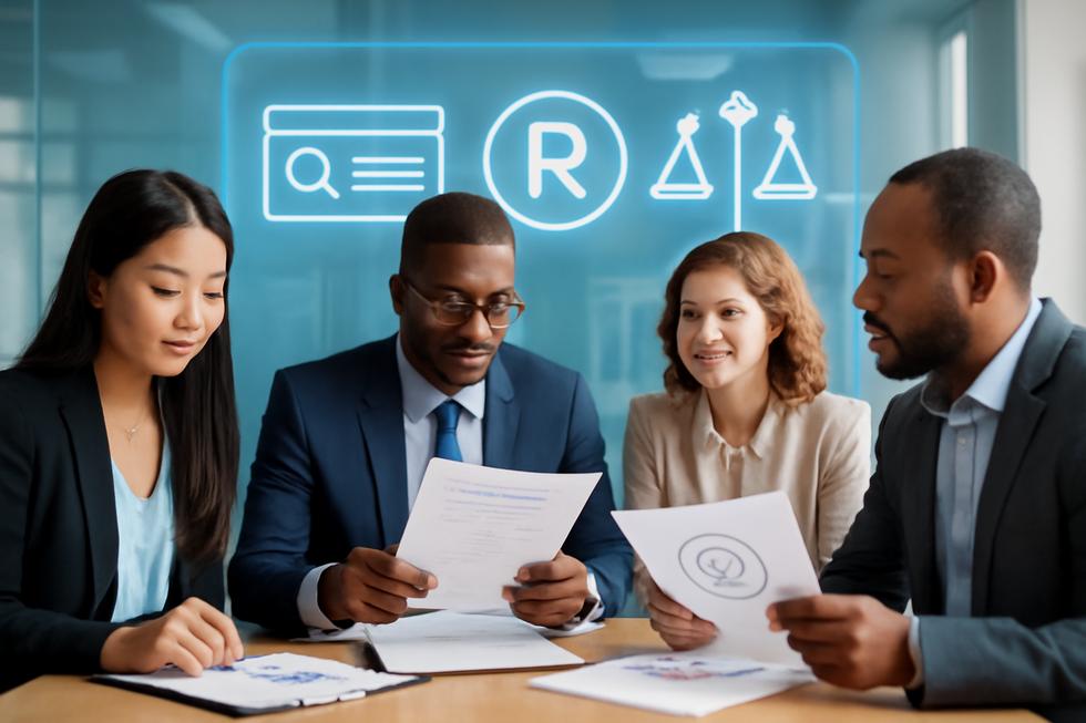 A group of business people reviewing company registration documents and trademark data on digital screens, highlighting brand name protection.
