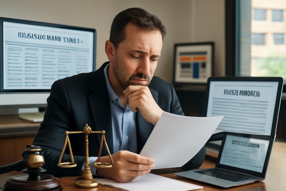 Person reviewing business name searches and trademark information in a professional office setting, highlighting legal considerations.