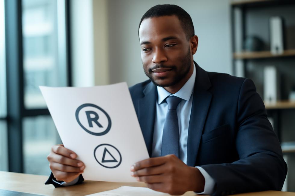 Business owner reviewing trademark legal documents with business name and logo in an office setting.