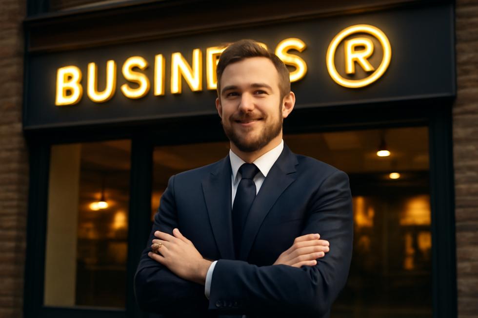 Confident business owner standing at storefront with glowing ® symbol next to business name highlighting trademark protection.
