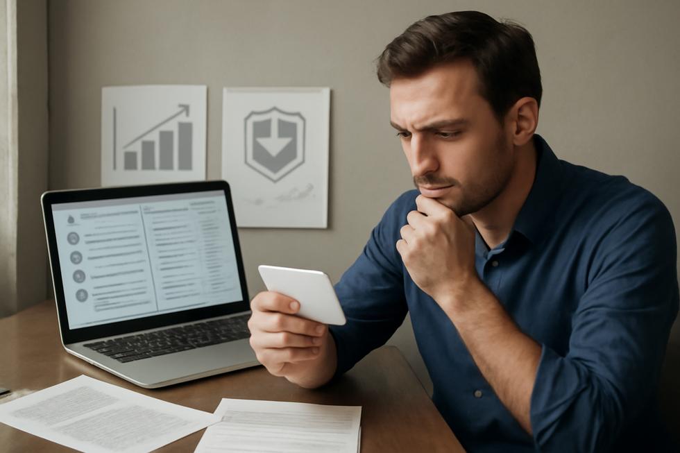Business owner at a desk reviewing trademark and state database documents on a laptop, symbolizing brand protection.
