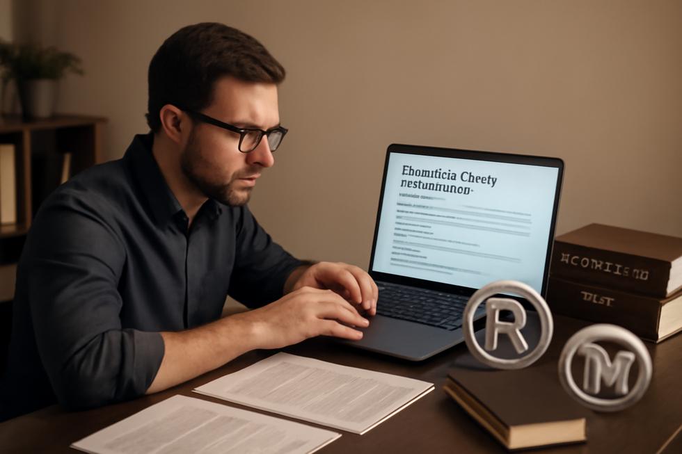 Entrepreneur researching business name rules with documents and a laptop symbolizing the process of naming and protecting a business.