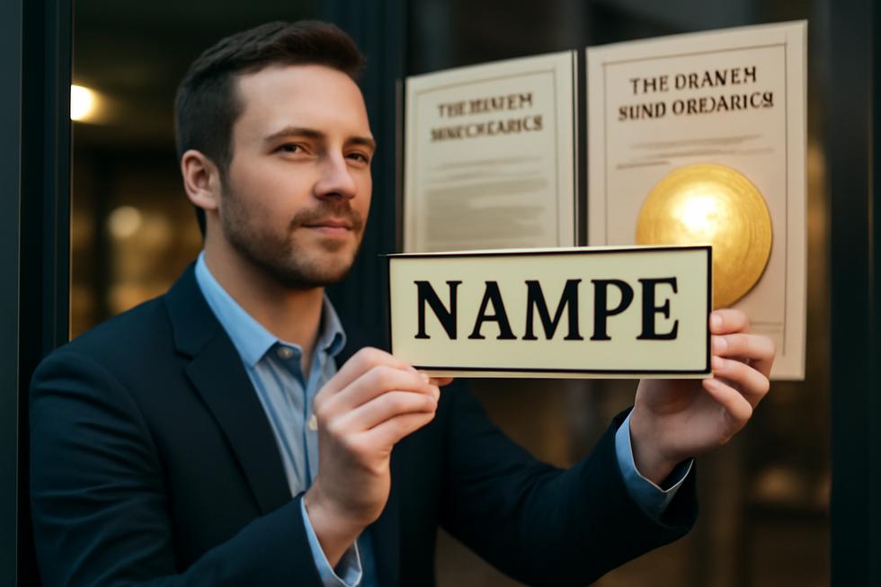 Business owner placing a branded nameplate on a store window alongside trademark papers and USPTO seal.