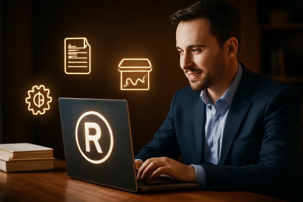 Business owner using a laptop for trademark registration surrounded by legal papers and digital icons symbolizing brand protection.