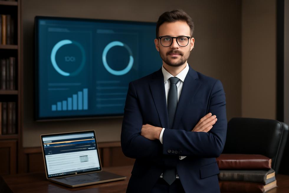 Business owner standing in a modern office with a digital display showing trademark registration workflow, surrounded by legal documents and technology.